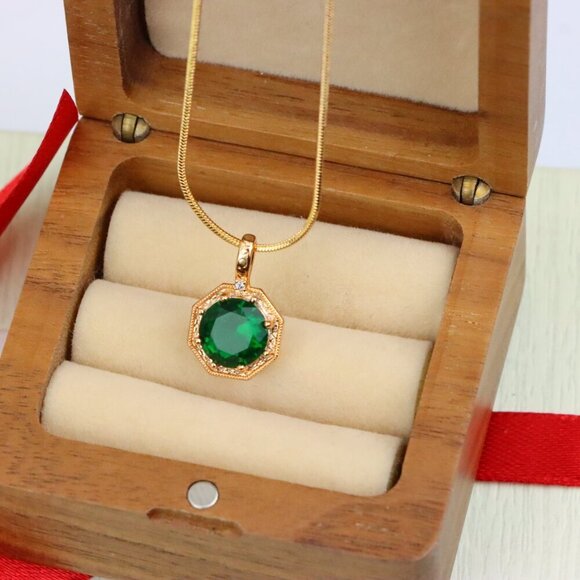 "Elegant Green Gem Pendant in Rose Gold Octagon Frame, XPPT1388 - Picture 7 of 13
